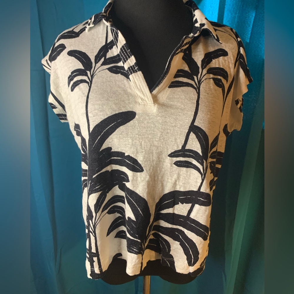 Tahari Linen Blouse Womens Large Black White Palm Trees Boxy Cropped Top Summer